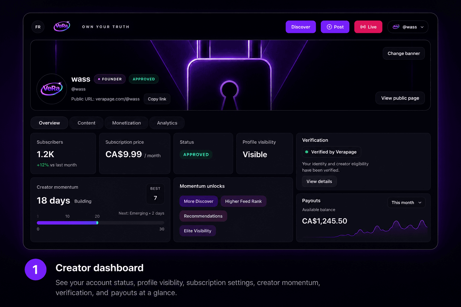 Verapage creator dashboard showing profile status, visibility, verification, and account metrics