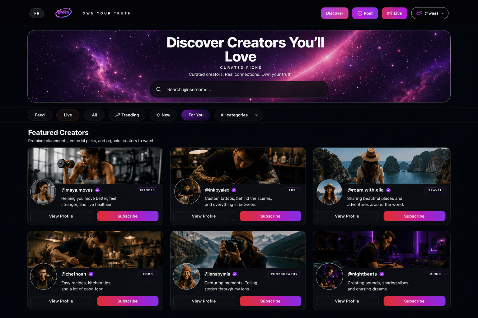 Verapage creator discovery page showing search, categories, and featured creators