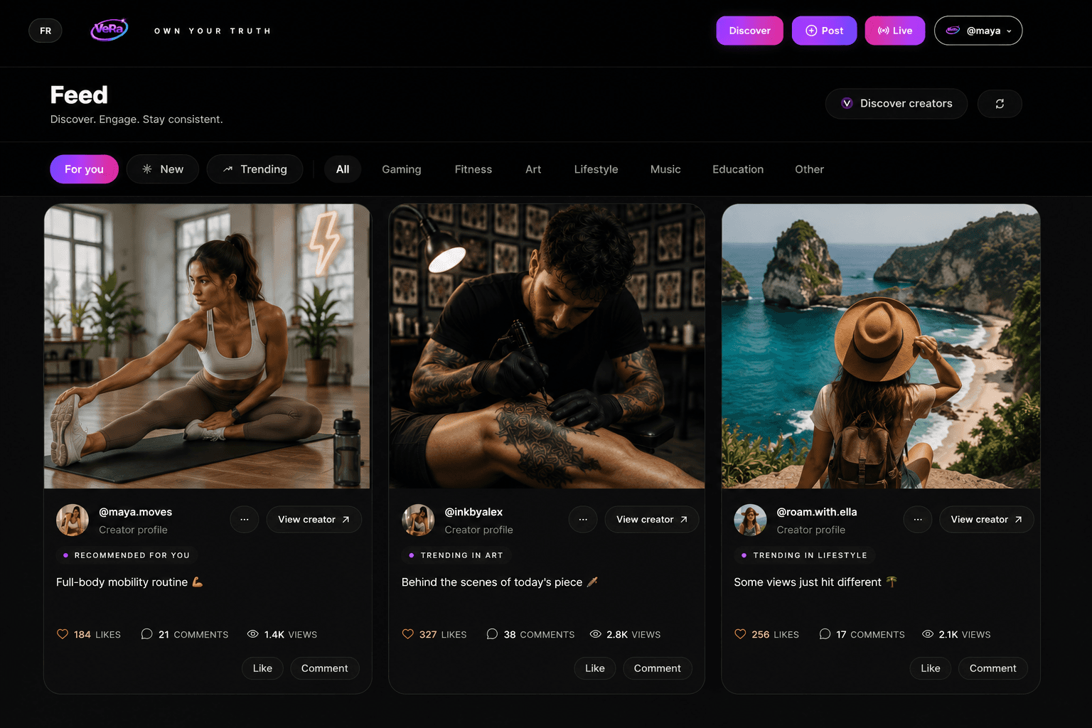 Verapage For You Feed showing creator posts and discovery filters