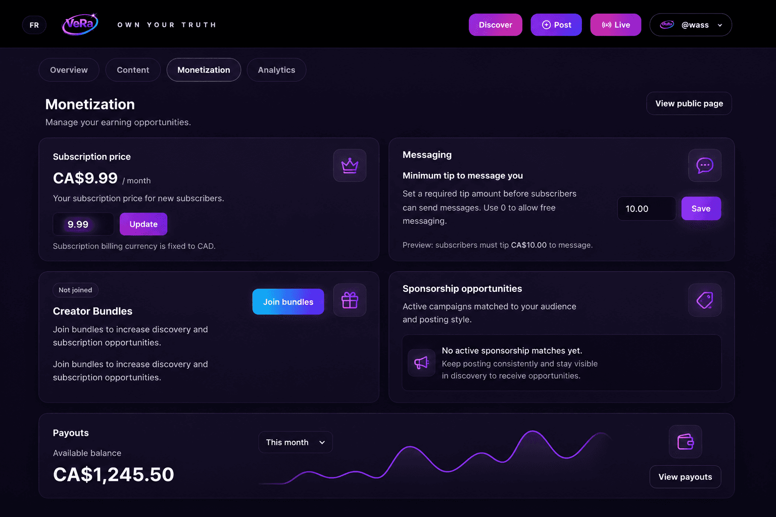 Verapage monetization dashboard showing subscriptions, paid messaging, bundles, and sponsorship tools
