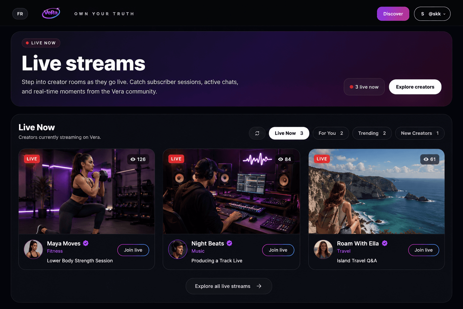 Verapage live experience showing a creator broadcast with real-time interaction