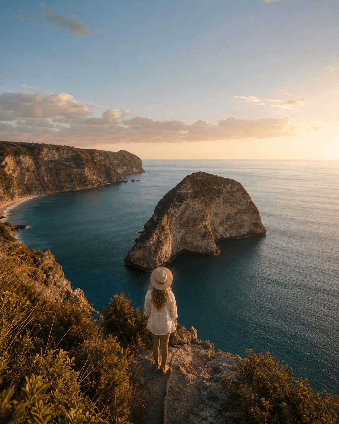 Travel creator overlooking a scenic coastal destination
